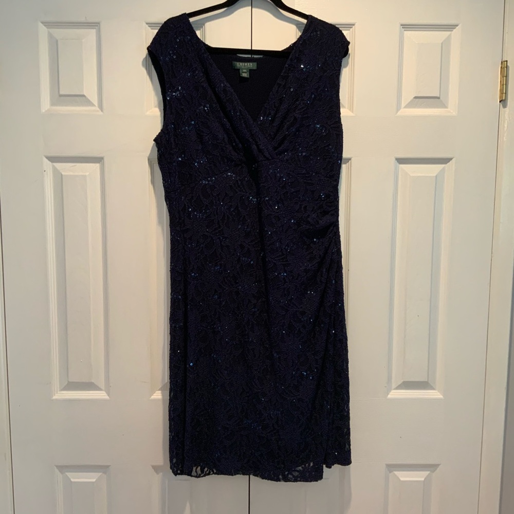 Navy lace jersey sequin cocktail dress 16w